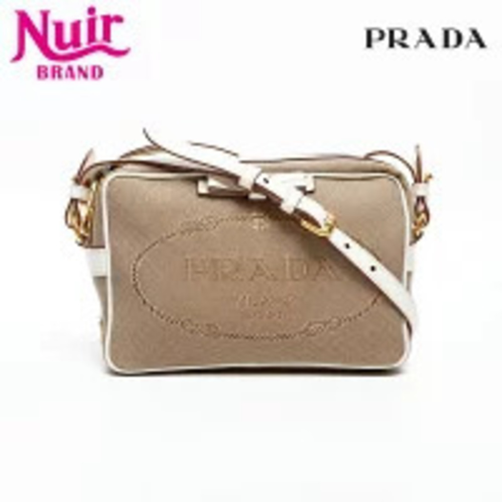 Prada Jacquard Canvas Logo Shoulder Bag Beige